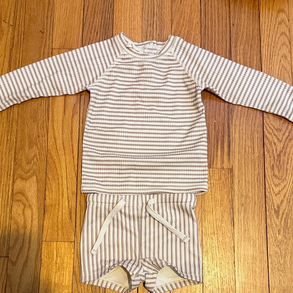 Quincy Mae Striped Kids Swim Rashguard Set - Cream and Tan